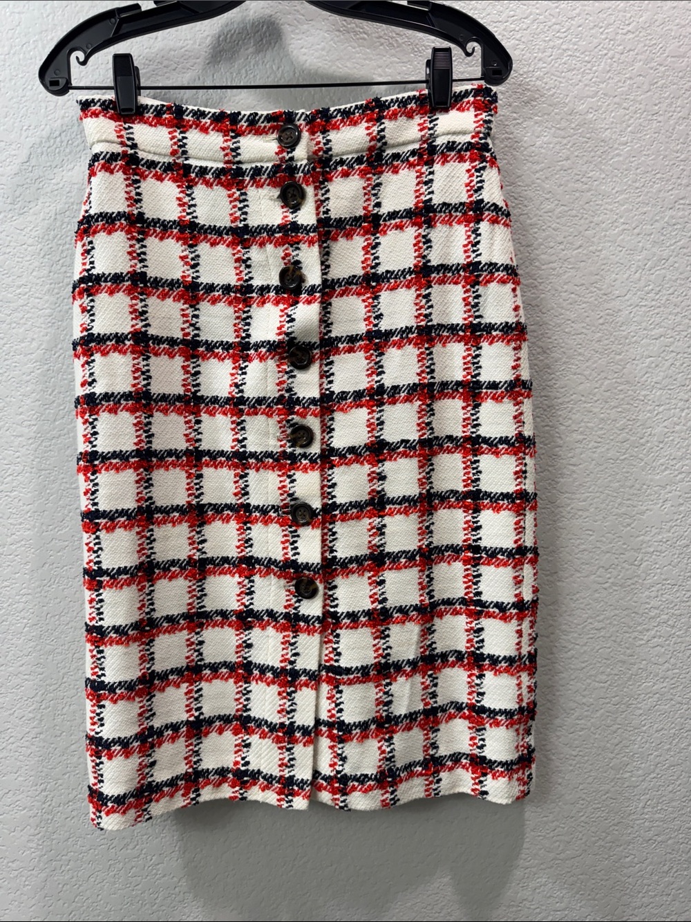 Ann Taylor Red, Black & White Checked Button-Front Midi Skirt
